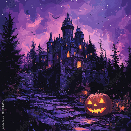 A spooky Halloween night with a castle shrouded in mist and bathed in purple light. A jack-o'-lantern sits on the path leading to the castle, adding to the eerie and haunted atmosphere of the scene