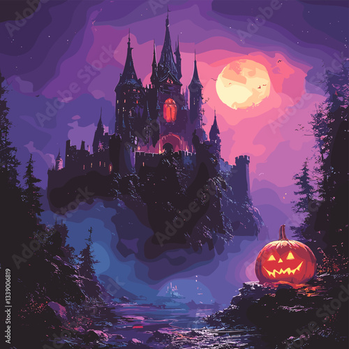 A spooky Halloween scene featuring a dark, mysterious castle illuminated by a full moon. A carved pumpkin sits in the foreground, with eerie light shining through the castle windows