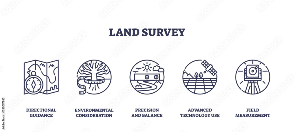 Obraz premium Land survey icons depict tools and concepts like maps, trees, and satellites, transparent background. Outline icons set.