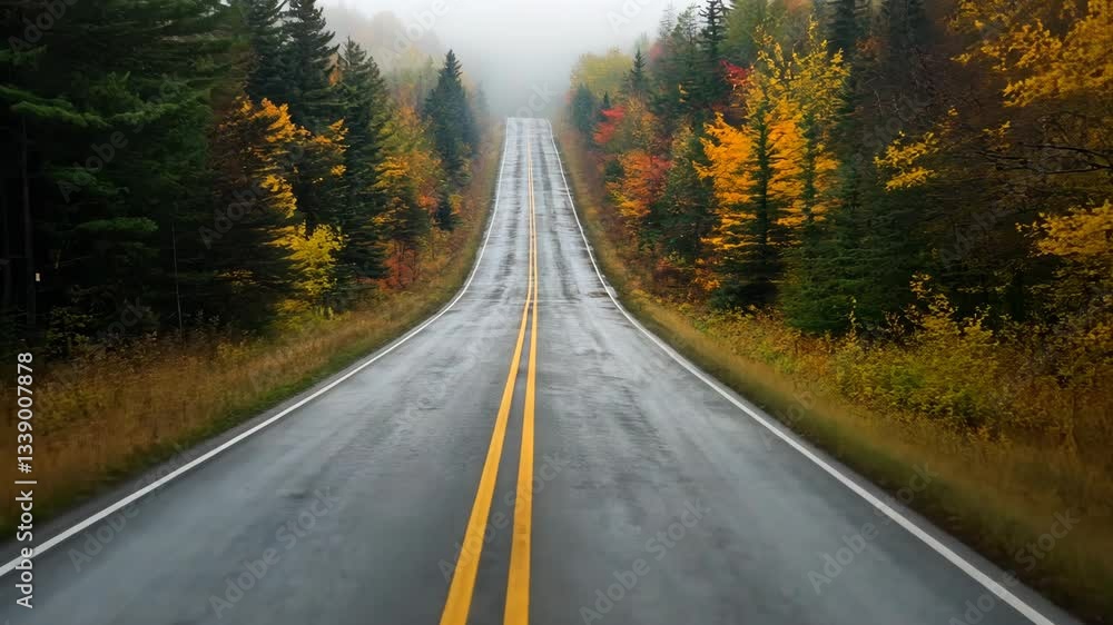 Winding road through a misty forest in autumn with colorful trees and wet pavement Winding road through a misty forest in autumn with colorful trees and wet pavement
