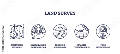 Land survey icons depict tools and concepts like maps, trees, and satellites, transparent background. Outline icons set.