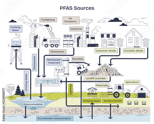 PFAS sources include industrial emissions, consumer goods, and agriculture, transparent background. Key elements, factories, landfill, water. Doodle style diagram.