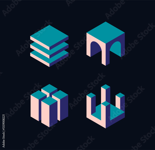 Set of four geometric isometric building icons in a modern, minimalist style. The icons feature abstract architectural structures with a futuristic look on a dark background. Vector illustration
