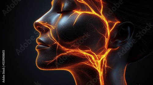 Detailed Illustration of Trigeminal Nerve Anatomy Highlighting Pain Zones in the Face with a Glowing Red Visual Effect Near Nose and Cheek Area