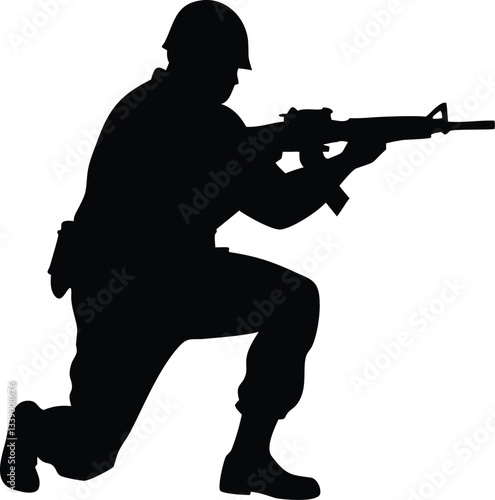 A crouching military army soldier or police swat man or person aiming a gun or handgun or pistol weapon silhouette shadow. War troops icon or symbol - Simple vector illustration