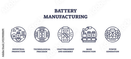 Battery manufacturing involves industrial production, technological precision, and mass production, transparent background. Outline icons set.