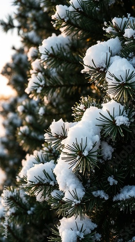 Close-up of snow-covered evergreen branches with soft, fluffy snow in golden light
