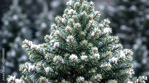 Freshly snow-dusted evergreen tree branches glistening in a winter landscape
