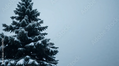 Snow-covered evergreen tree standing majestically against a soft gray winter sky
