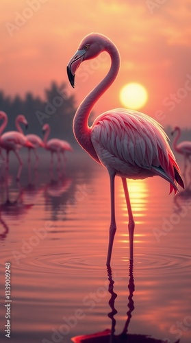 Elegant flamingo standing gracefully in reflective water at sunset with a warm golden glow
