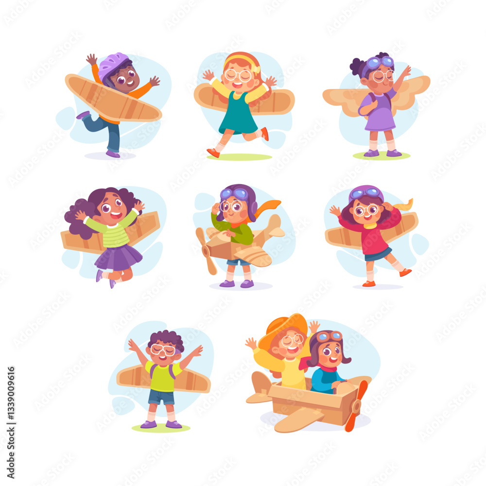Wings with Boy and Girl Character Pretend Flying Vector Illustration Set Wings with Boy and Girl Character Pretend Flying Vector Illustration Set