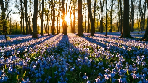 A breathtaking spring landscape filled with bluebells blooming under golden sunlight in a forest
