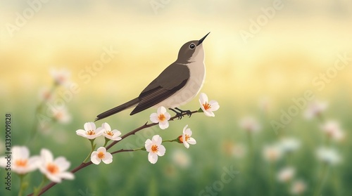 A charming illustrated bird perched on a flowering branch in a dreamy floral landscape