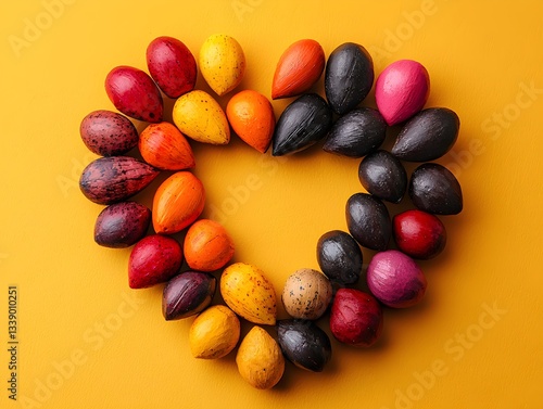 Colorful Easter Eggs Heart on Yellow Background