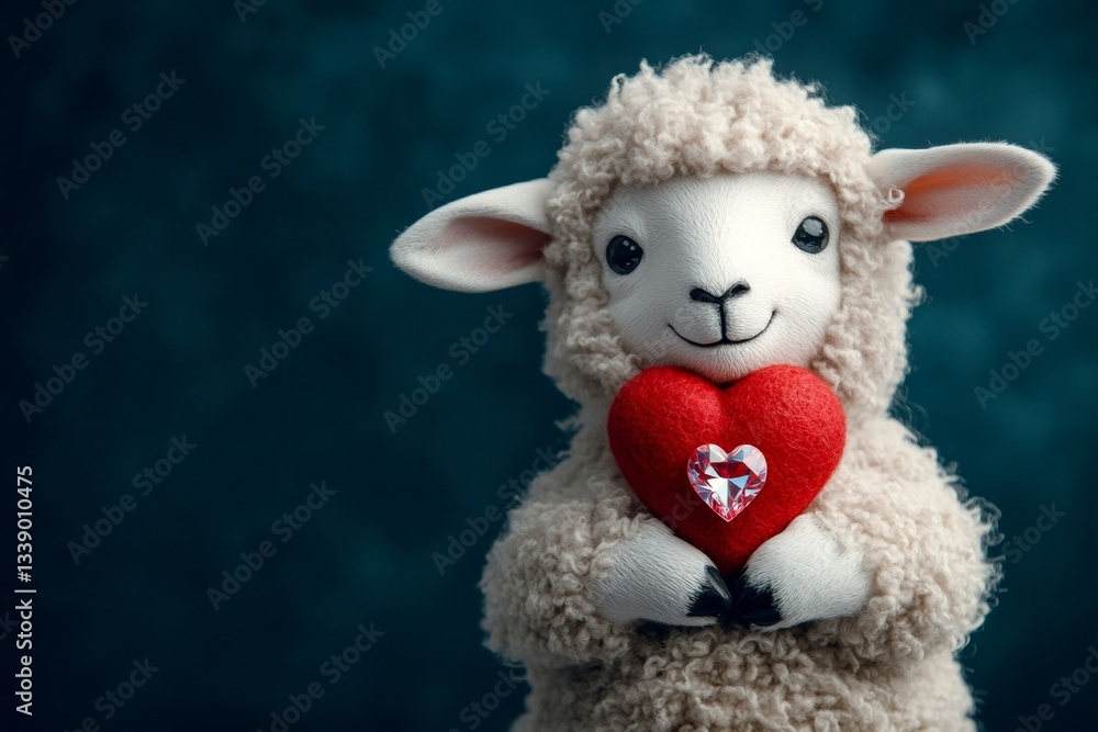Fototapeta premium Ad campaign conceptual art. Digital ads concept. Sheep - my treasured animal. Cute sheep baby with diamond red heart - emblem of love, funny greeting card. Valentine's animal themes.