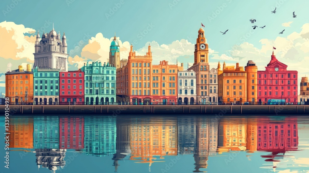 Obraz premium Liverpool United Kingdom Poster Illustration Travel Print Decor Gift Paper Canvas Wall Retro