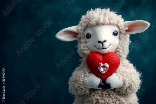 Ad campaign conceptual art. Digital ads concept. Sheep - my treasured animal. Cute sheep baby with diamond red heart - emblem of love, funny greeting card. Valentine's animal themes.