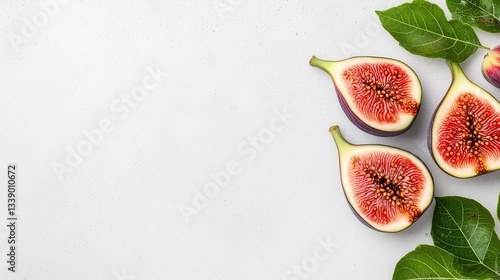 Topdown view of a fresh fig with smooth skin, rustic and sweet, clean white background