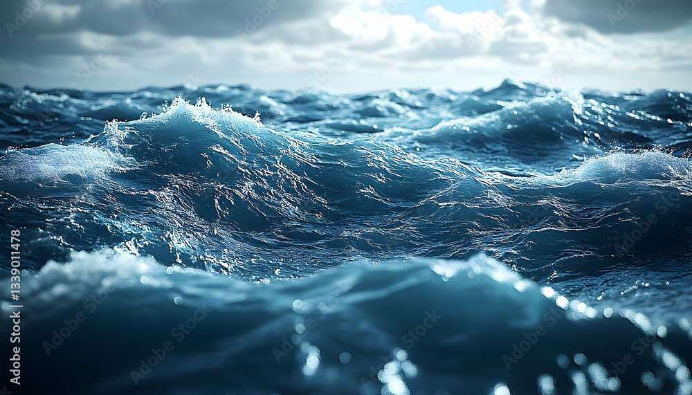 Fototapeta premium Dramatic ocean waves under a stormy sky. Dark blue water, whitecaps, and strong texture