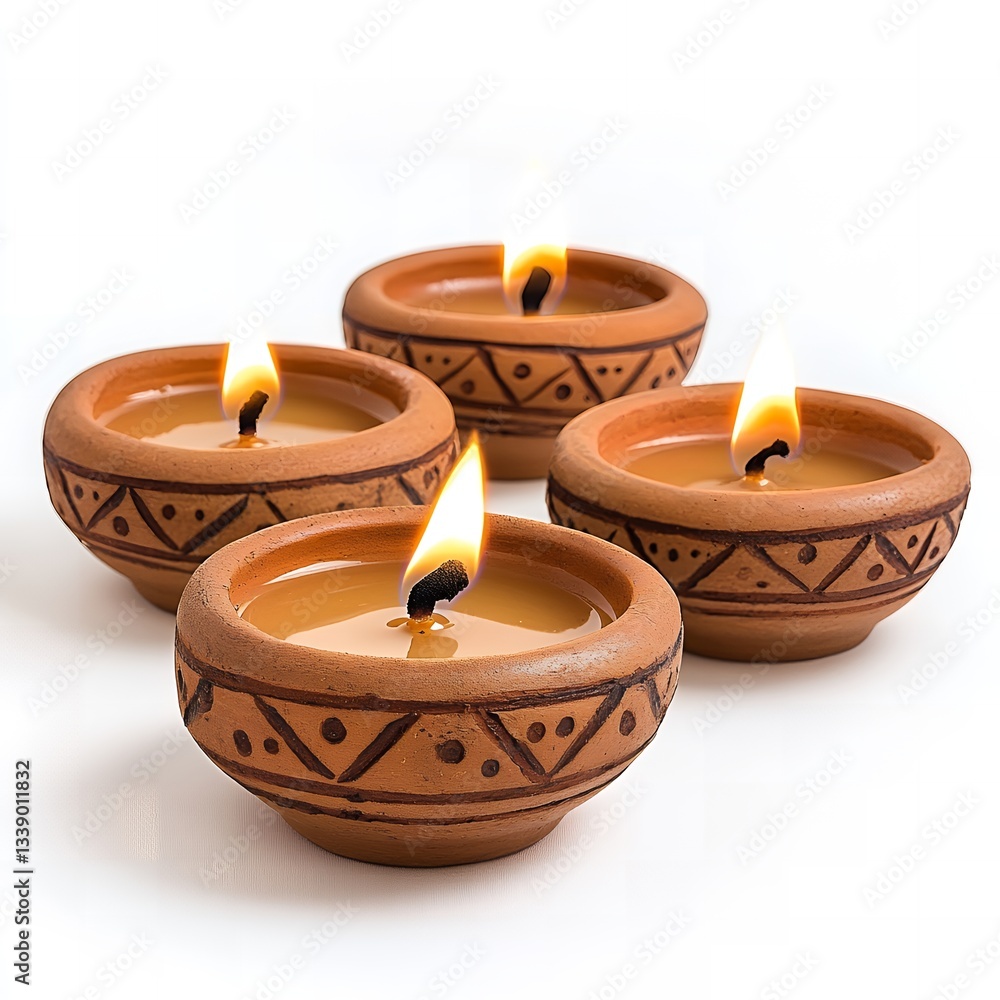 Four Lit Brown Clay Candles Burning Brightly on White Background Peaceful Atmosphere Four Lit Brown Clay Candles Burning Brightly on White Background Peaceful Atmosphere