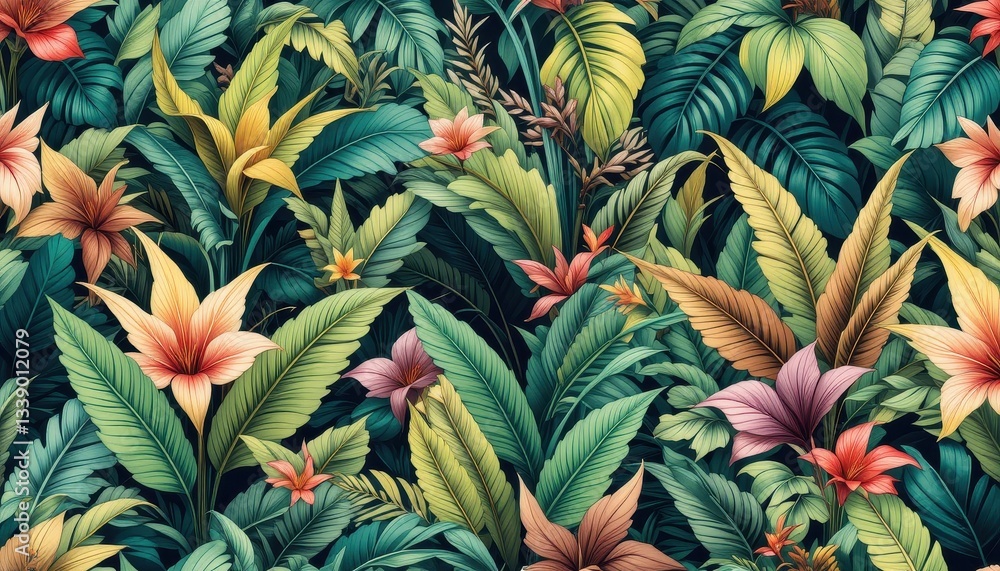 Obraz premium Vibrant tropical plants lush garden illustration colorful environment close-up view nature's beauty