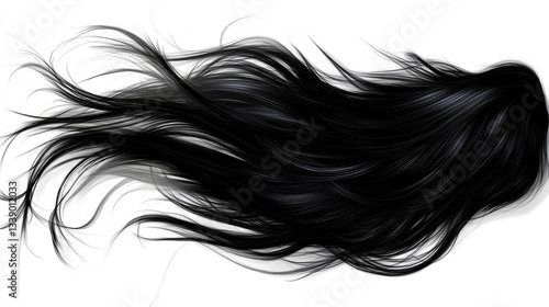 Black hair on a white background, flowing in the wind, 