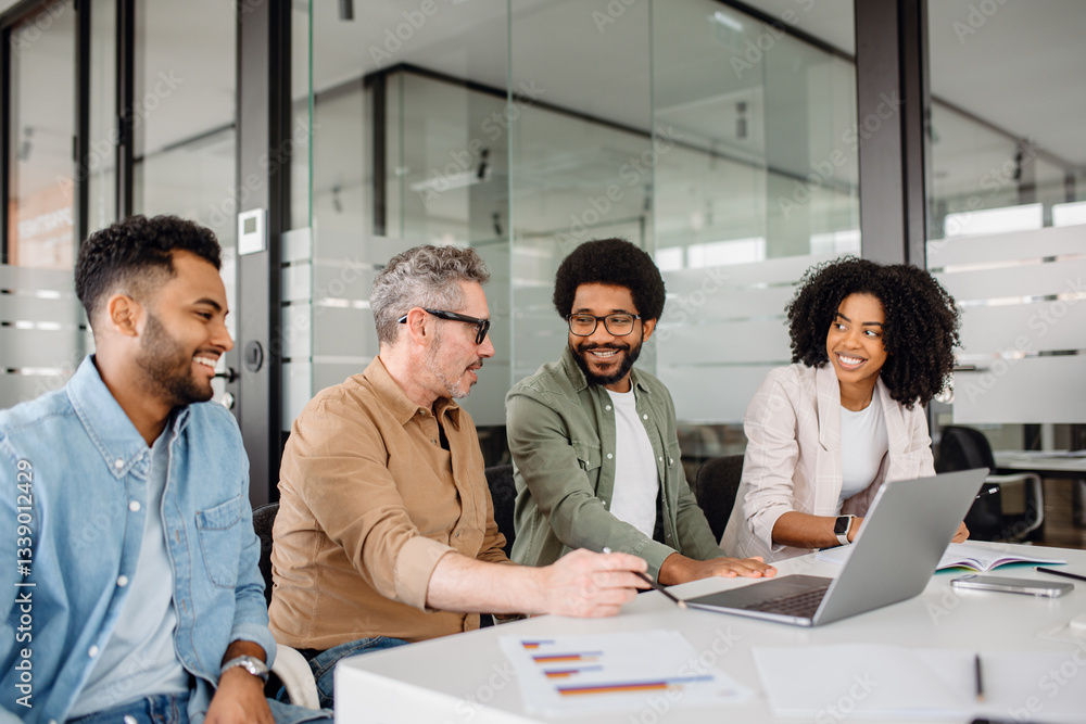 A senior businessman and his diverse team discuss business strategy in a modern office. The professionals work together, analyzing financial reports and company growth opportunities. A senior businessman and his diverse team discuss business strategy in a modern office. The professionals work together, analyzing financial reports and company growth opportunities.