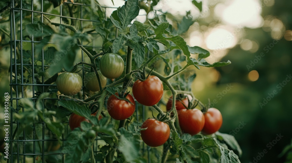 A tomato plant growing inside a metal tomato cage in a backyard garden, filled with ripe tomatoes. A tomato plant growing inside a metal tomato cage in a backyard garden, filled with ripe tomatoes.