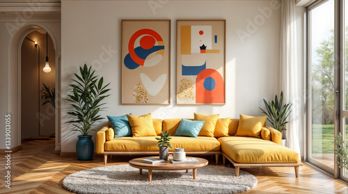 A living room with a yellow couch and two paintings on the wall