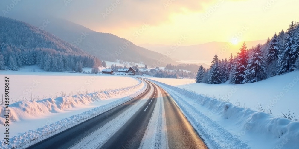Serene Winter Landscape A Winding Road Through Snow-Covered Fields and Forests at Sunrise Serene Winter Landscape A Winding Road Through Snow-Covered Fields and Forests at Sunrise
