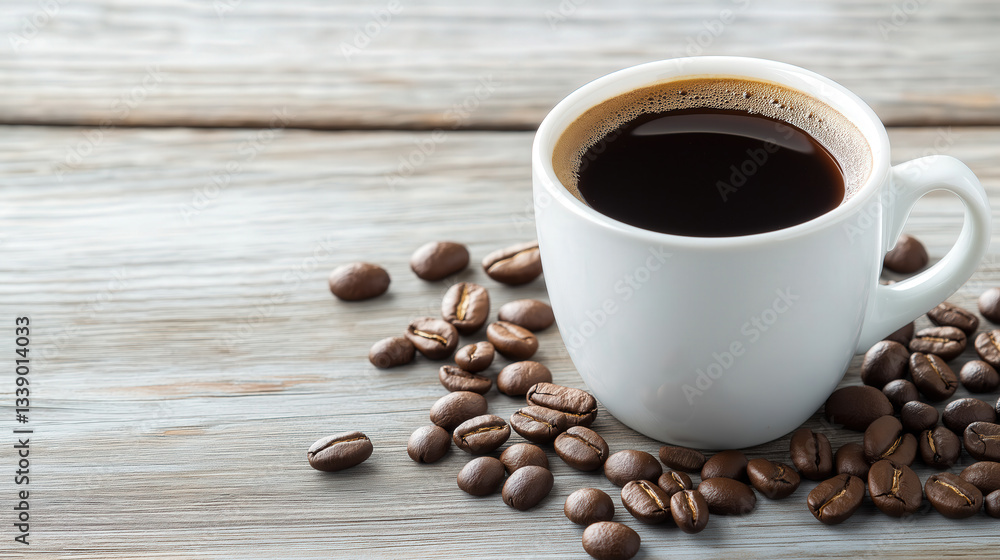 Steaming cup of black coffee sits on a rustic wooden table, surrounded by roasted coffee beans Steaming cup of black coffee sits on a rustic wooden table, surrounded by roasted coffee beans