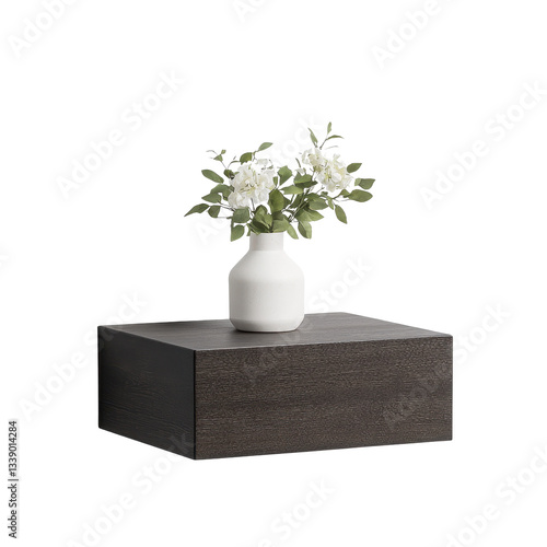 Elegant vase with flowers on a modern wooden table, white isolated background.