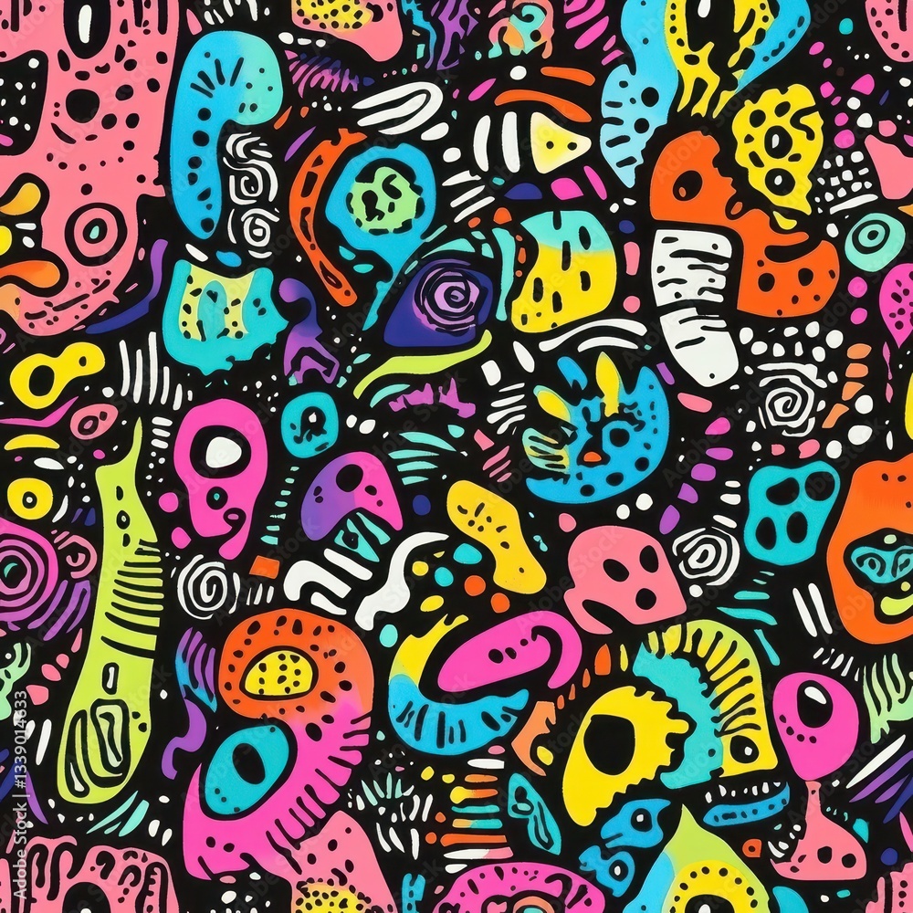 Handdrawn retro doodle pattern with vibrant, energetic contrast Handdrawn retro doodle pattern with vibrant, energetic contrast