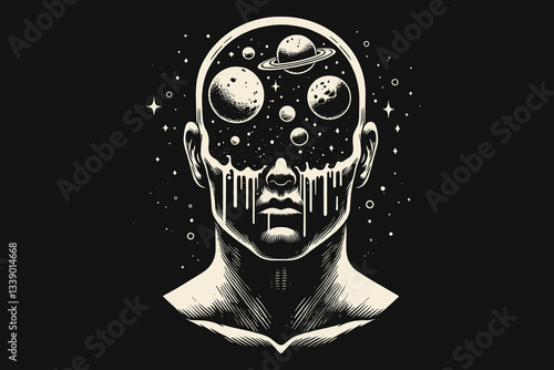 Surreal ink drawing of a human head with floating cosmic elements