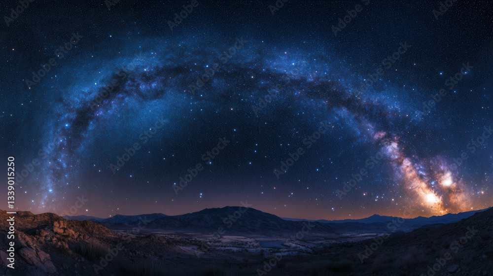 Fototapeta premium Celestial Canvas: The Milky Way arches majestically over a mountainous landscape, casting a mesmerizing glow upon the terrain below, inspiring awe and wonder.
