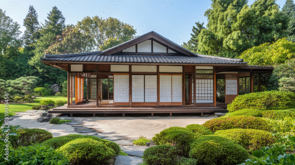 Tranquil Japanese Garden: A serene Japanese-style house nestled within a meticulously manicured garden, exuding peace and harmony. Tranquil Japanese Garden: A serene Japanese-style house nestled within a meticulously manicured garden, exuding peace and harmony.