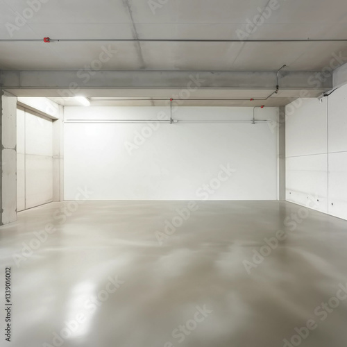 A spacious empty warehouse with smooth concrete floors, clean white walls, and overhead industrial pipes, offering a blank canvas for various uses.