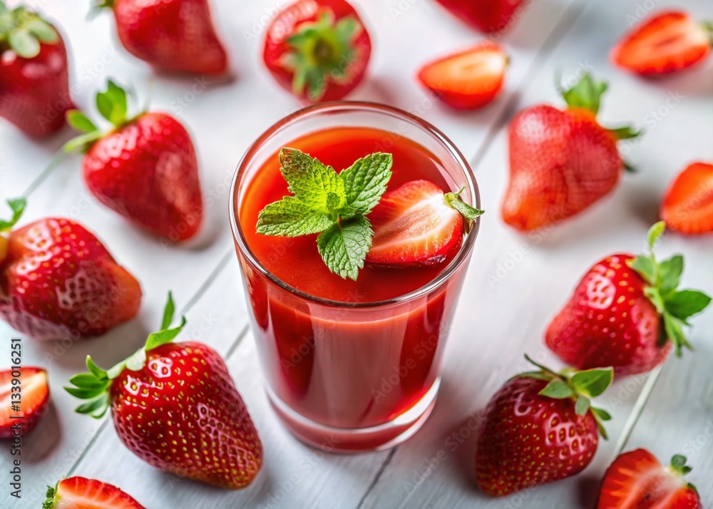 Fresh Strawberry Juice: Top-Down View of Vibrant Glass with Garnish Fresh Strawberry Juice: Top-Down View of Vibrant Glass with Garnish
