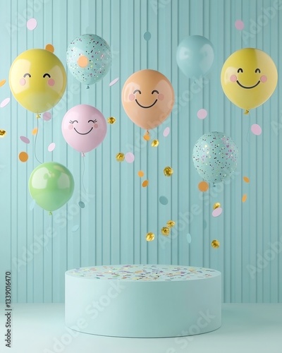 Fun laughter positivity burst. Colorful balloons with smiling faces float above a round pedestal in a cheerful setting, perfect for celebrations and parties.