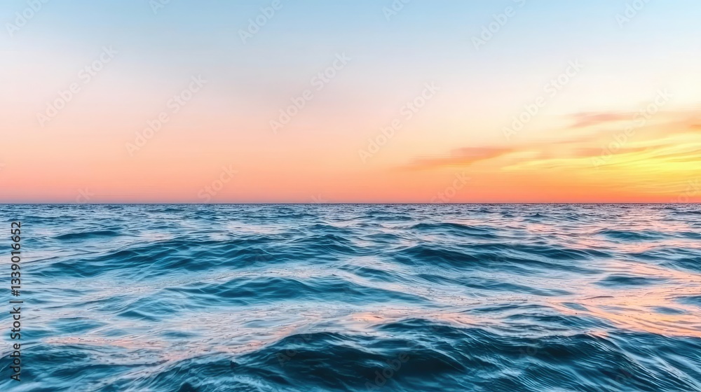 Obraz premium Beach waves landscapes concept. A tranquil ocean view at sunset with calming waves and a colorful sky.