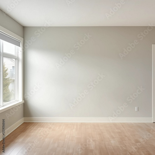 An empty room with light-colored walls, wooden flooring, and natural light streaming through the window, creating a clean and fresh space.
