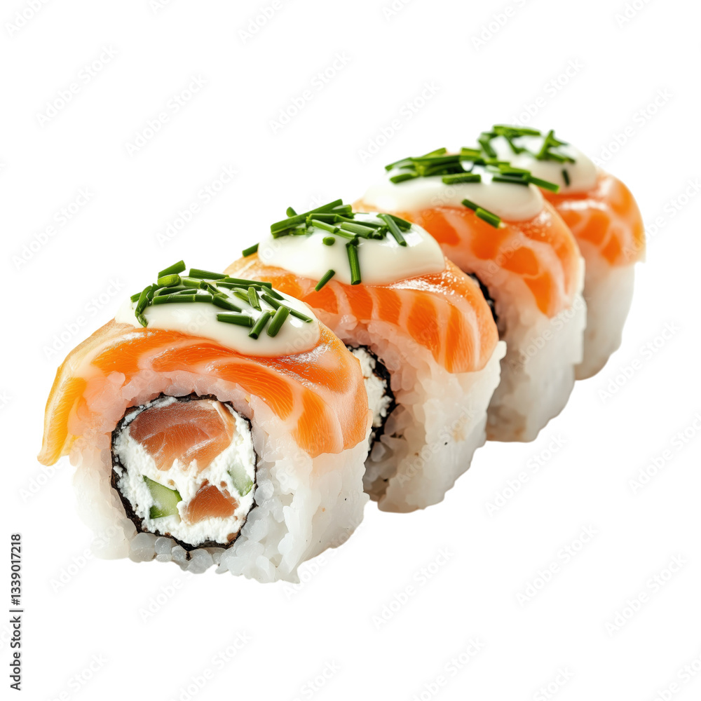 Fresh salmon sushi roll with cream cheese and avocado, topped with chives and a creamy sauce, perfect for sushi lovers. Fresh salmon sushi roll with cream cheese and avocado, topped with chives and a creamy sauce, perfect for sushi lovers.