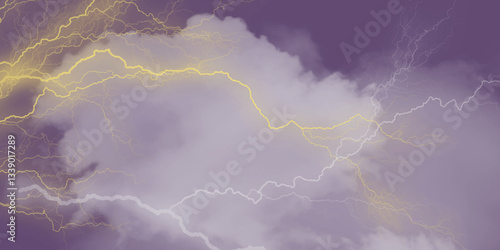 Mountainous Cumulus Clouds Boiling in the Summer Sky. White cloudiness, mist or smog overlay backgrounds. Wide sky and clouds dark tone. Dark cloud at evening sky with thunder bolt.