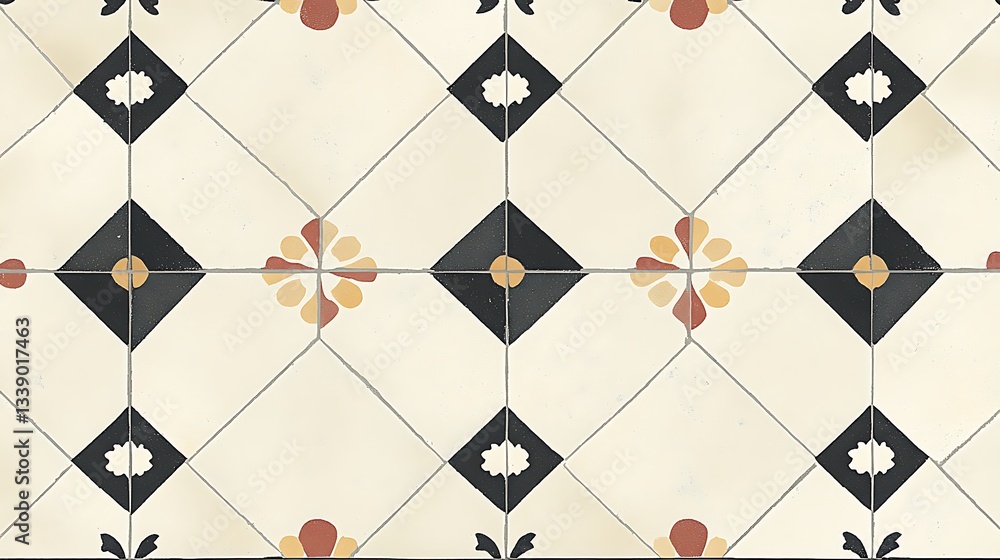 Patterned tile floor, geometric design, home interior use Patterned tile floor, geometric design, home interior use