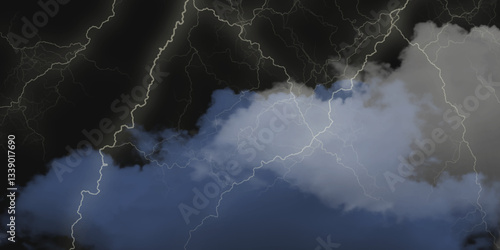 Mountainous Cumulus Clouds Boiling in the Summer Sky. White cloudiness, mist or smog overlay backgrounds. Wide sky and clouds dark tone. Dark cloud at evening sky with thunder bolt.