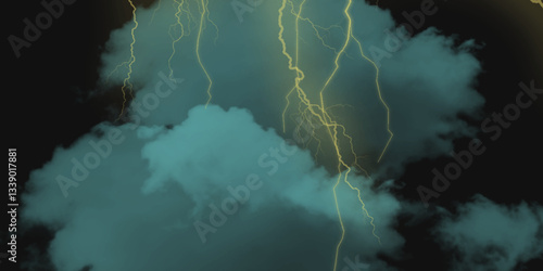 Mountainous Cumulus Clouds Boiling in the Summer Sky. White cloudiness, mist or smog overlay backgrounds. Wide sky and clouds dark tone. Dark cloud at evening sky with thunder bolt.