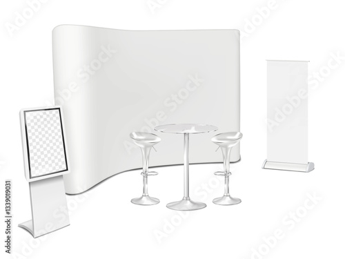 Exhibition set template. Trade show backdrop display, roll-up retractable banner standee, clear glass counter bar table, high swivel chairs, LCD monitor stand. Vector mock-up. Tradeshow booth mockup