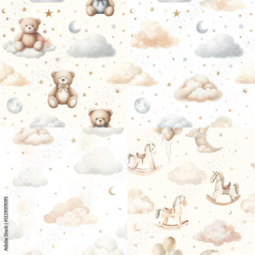 Cute cartoon bear doll background for babies or children. Fluffy soft stuffed toys seamless pattern. Little teddy bears vector illustrations in trendy style. Beige and brown colors.