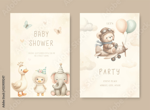 Watercolor Baby Shower Party Invitation card with a plush pilot bear and animal.