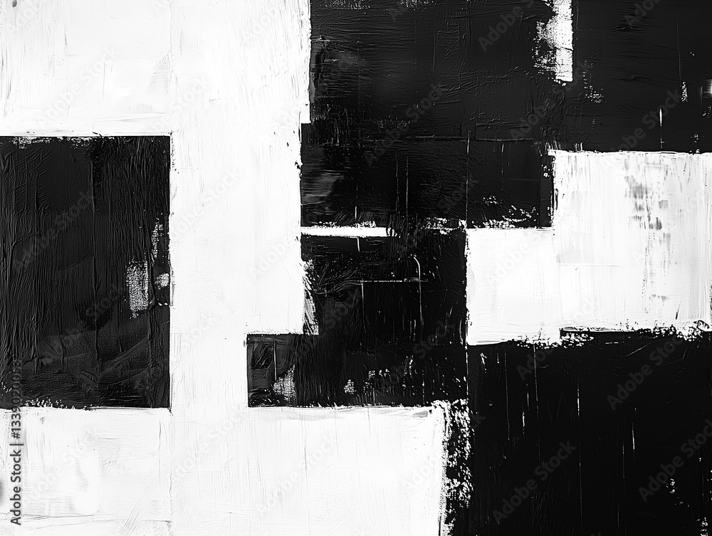 Obraz premium Minimalist black and white abstract painting, geometric brushstroke textured artwork background, modern monochromatic fine art decor
